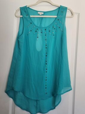 mine Turquoise Sleeveless Studded High-Low Blouse L Euc